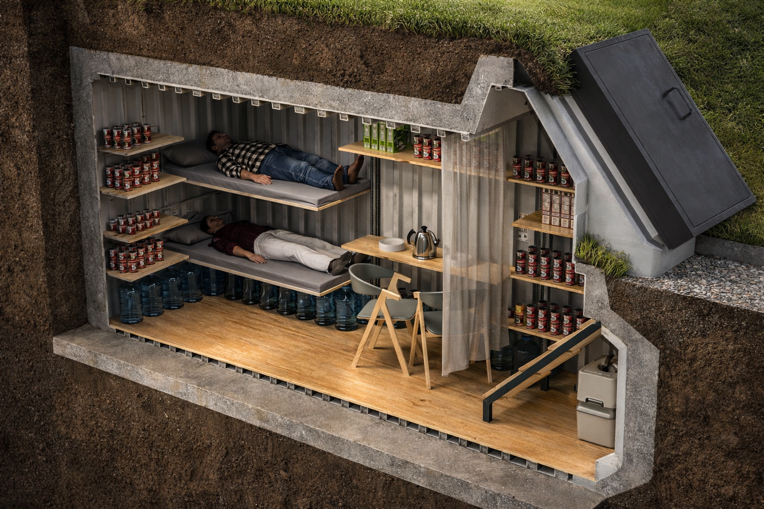 Cave enterrée aménagée avec espace de dégustation et stockage de vin